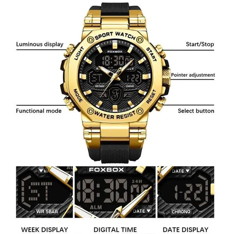 FOXBOX Men'S Business Watch Fashion Top Brand Luxury Creative Design Stainless Steel Quartz Watch Waterproof Chronograph Watch