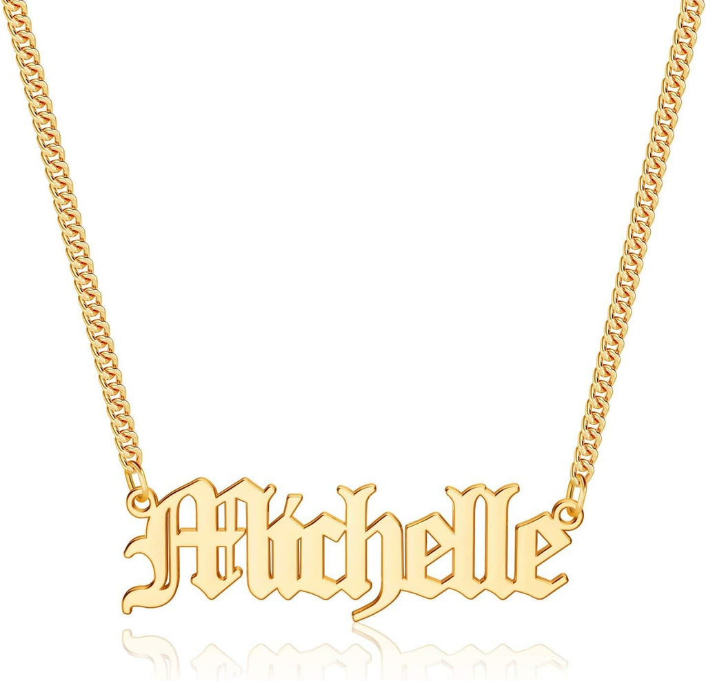 Gold Custom Name Necklace Personalized, Michelle 14K Gold Plated Personalized Name Necklace Gold Customized Necklace Jewelry Name Plate Necklace Personalized Gifts for Women Gothic Font Style